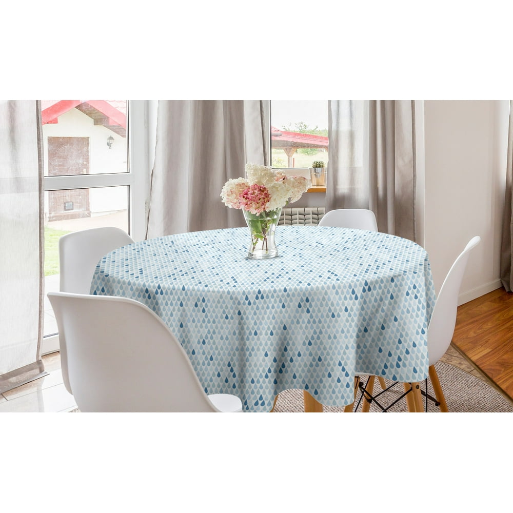 Blue and White Round Tablecloth, Minimalist Rain Drops Motive in Tones