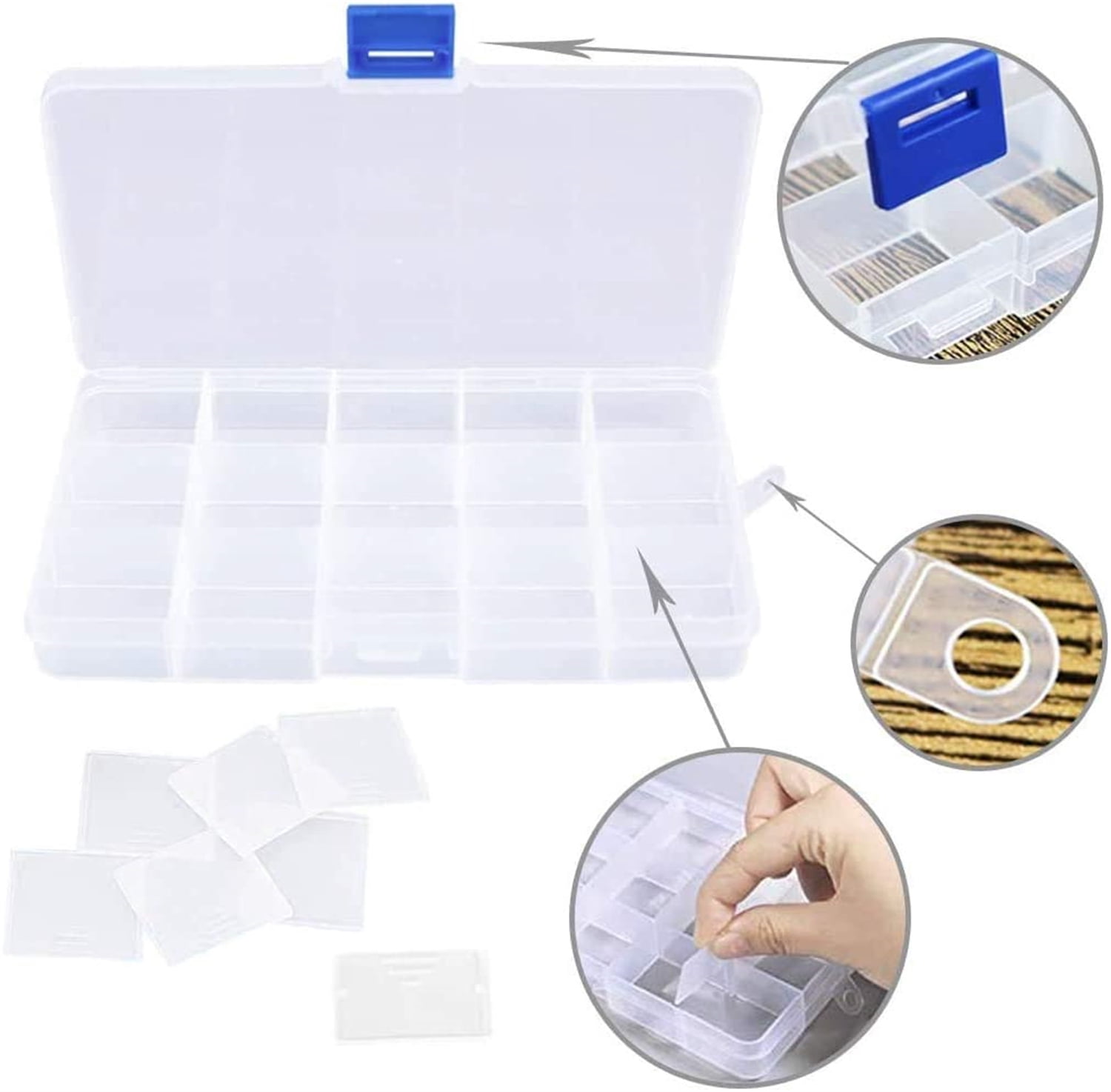 6 Pack Plastic Bead Organizer Storage Box with Compartments Containers with Adjustable Dividers Clear Storage Box for Earring Jewelry Beads Fishing Sewing Craft Supplies, 15 Grids