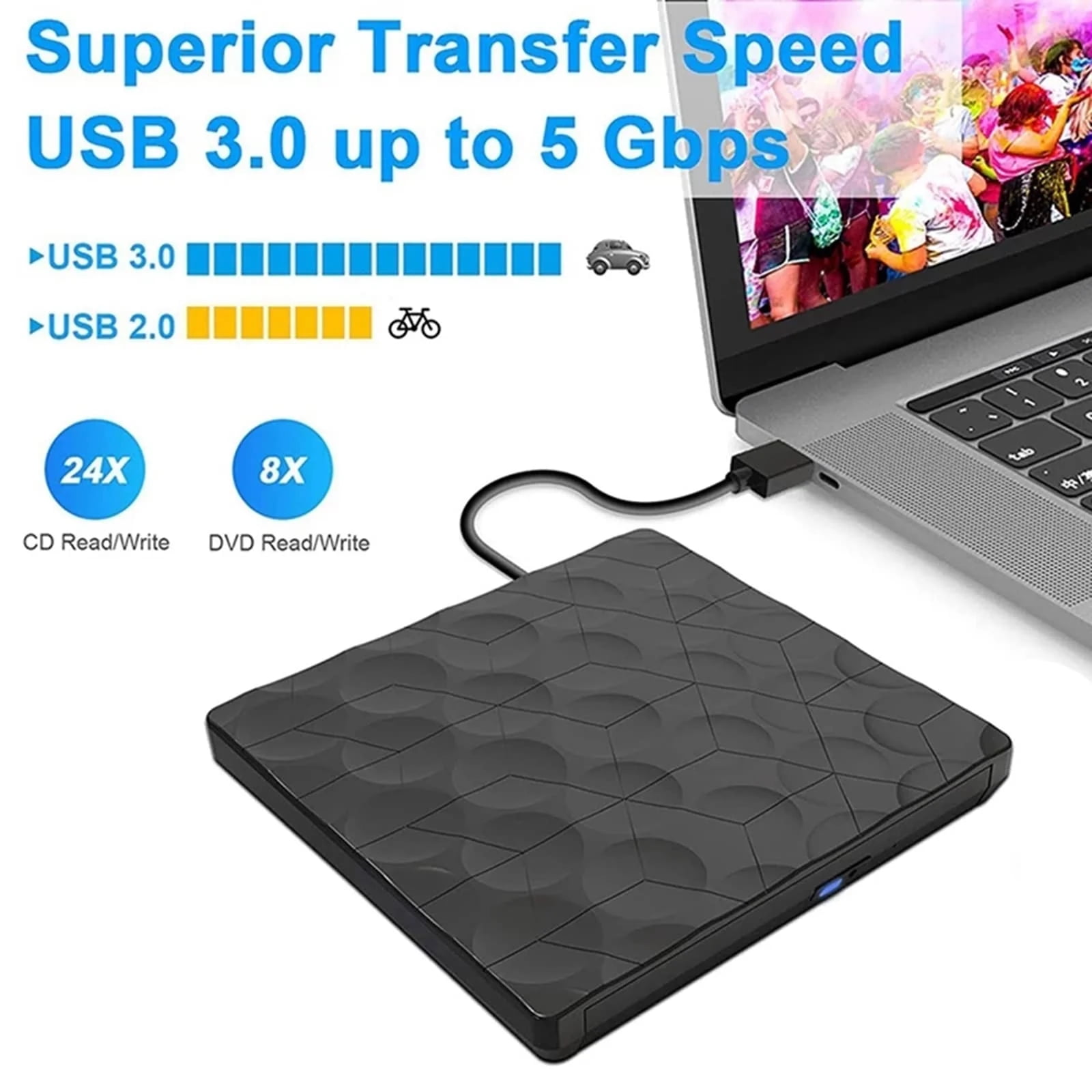 External CD/ DVD Drive for Laptop, DVD Player for Laptop, USB 3.0 Type-C DVD Drive External DVD-RW Player Writer Reader for Burner Driver, Black