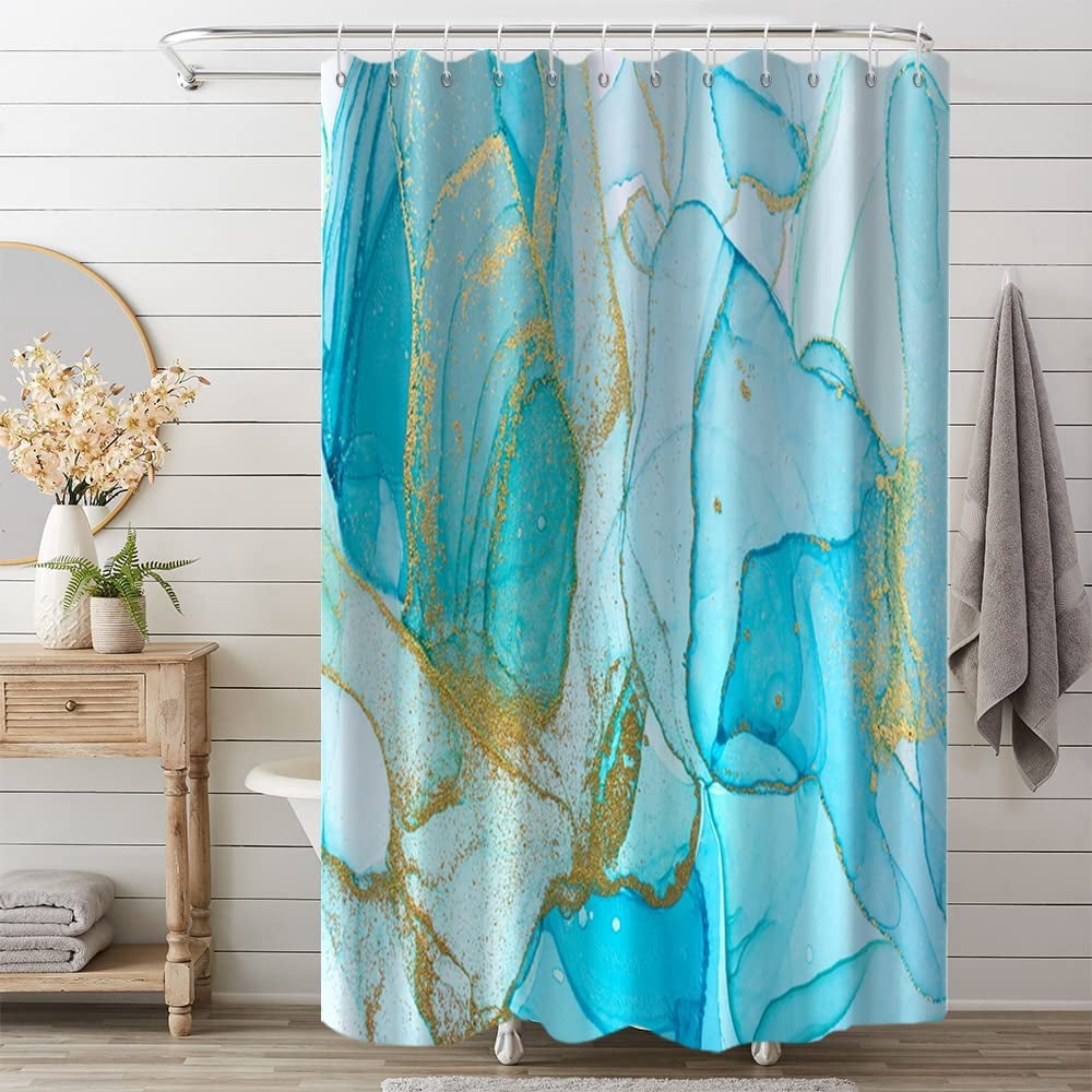 Marble Shower Curtain, Abstract Modern Teal and Gold Marble Shower Curtain Set for Bathroom Ink Texture Waterproof Polyester Fabric Bathroom Decor with Hooks, 72x84 Inch