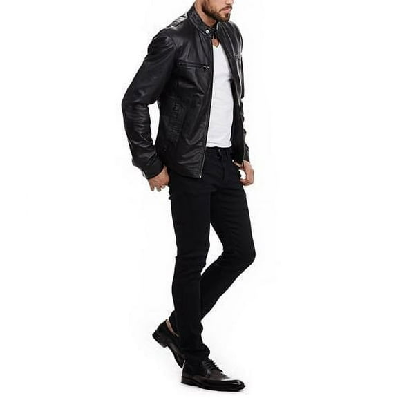 Noora Men’s black leather jacket with front pockets