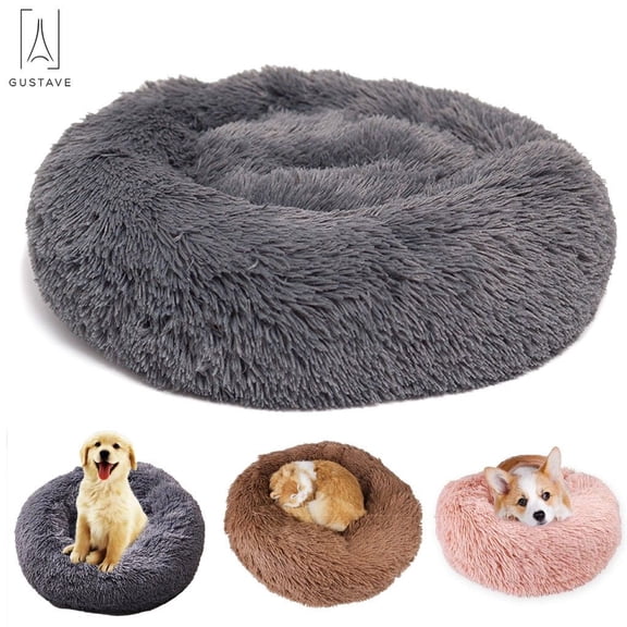 Gustave Calming Dog Beds, Self-Warming Round Pet Bed Cushion, Luxurious Faux Fur Donut Cuddler Soft Plush Comfortable for Sleeping "Dark Grey, 70CM"