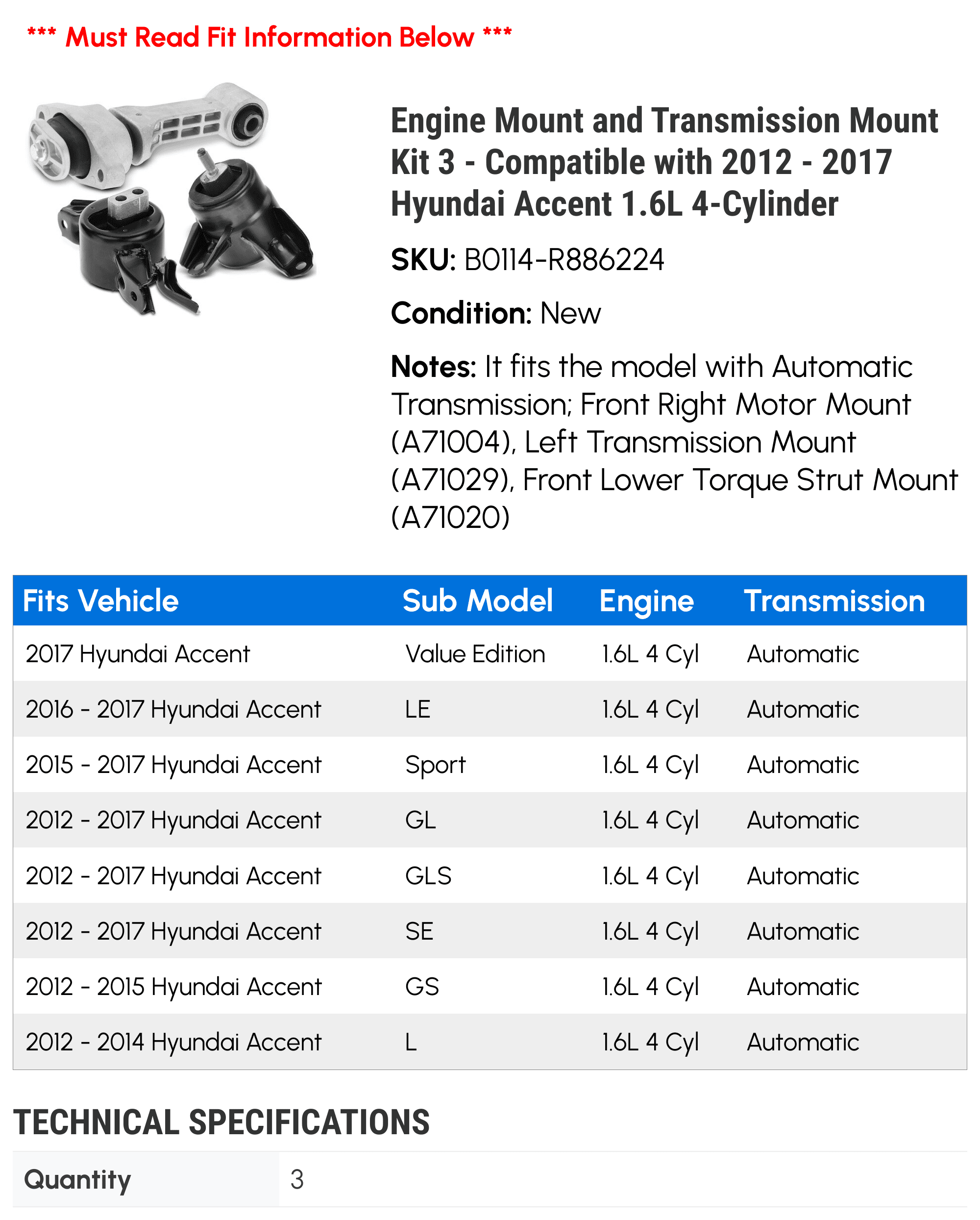 Engine Mount and Transmission Mount Kit 3 - Compatible with 2012 - 2017 Hyundai Accent 1.6L 4-Cylinder - Autopart Premium