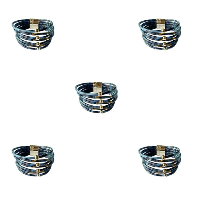 Sonducket magnética Multicapas Hebilla magnética ajustable Encanto de cuero Estampado de leopardo Accesorio de moda Joyas de mano Azul Azul 5piezas