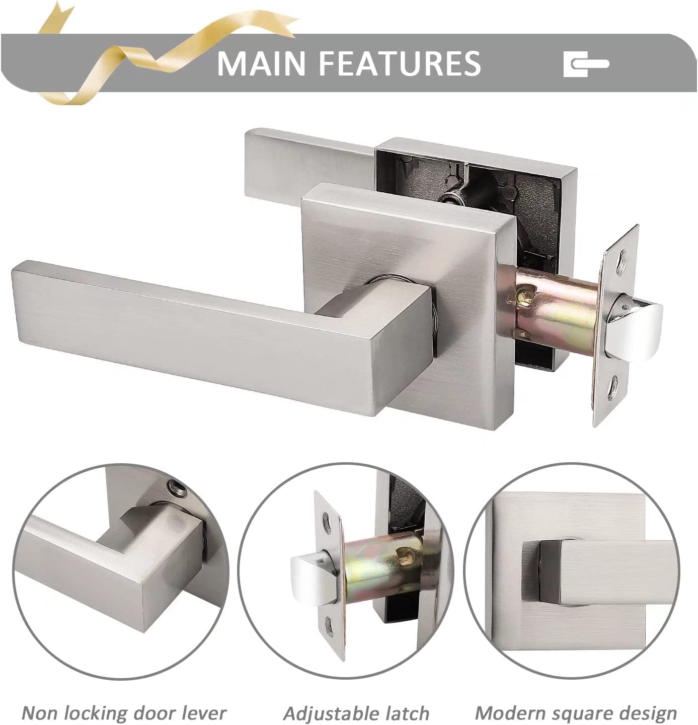 3 Pack Probrico Square Door Lever Door Lock Handle Lockset Keyless Doorknobs Passage Knobs Lockset Interior Hallway Passage Closet in Satin Nickel