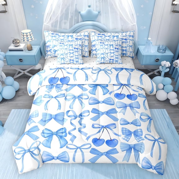 Feelyou Princess Bowknot Twin Bedding Sets 7-Piece, Kawaii Ribbon Bedding Comforter Set