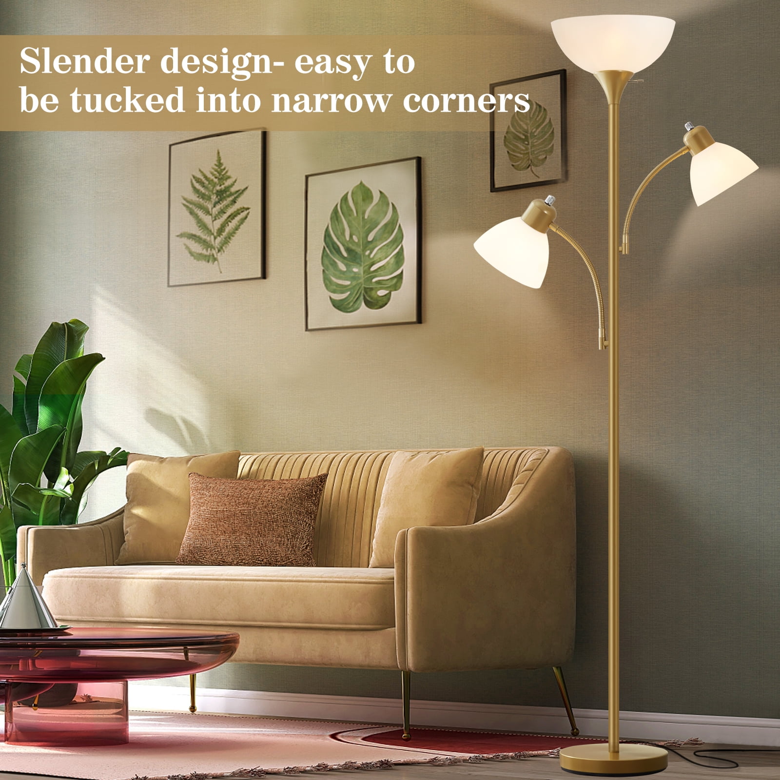 NATYSWAN Torchiere Floor Lamps for Living Room, 3 Light Tree Floor Lamp, Gold Modern Tall Standing Lamps, Industrial Bright Floor Lamp for Bedroom, Office, Dresser, 3 LED Bulbs Included