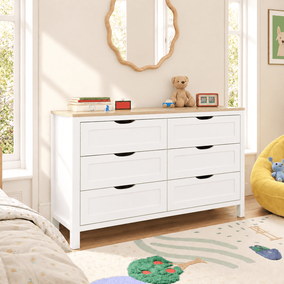 Treocho Farmhouse 6 Drawer Dresser for Bedroom, 47'' Wide with Hidden Handles, Wooden, White