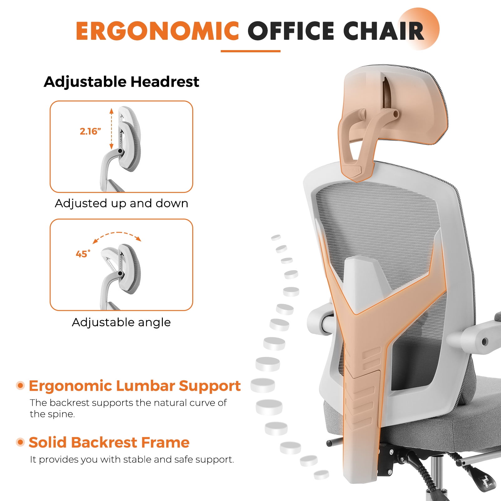 CONCETTA Ergonomic Mesh Office Chair, High Back Swivel Chairs with Adjustable Lumbar Support, Headrest, Footrest, and Armrests, Grey