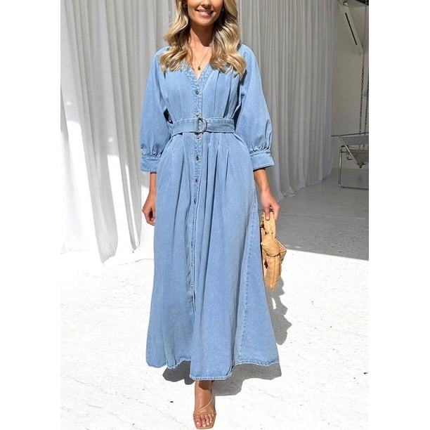 With Shirt Underneath V Neck Denim Dress Button Down Chouyatou Women's Boho V-Neck Button Down With Shirt Underneath V Neck Denim Dress Button Down Chouyatou Women's Boho V-Neck Button Down