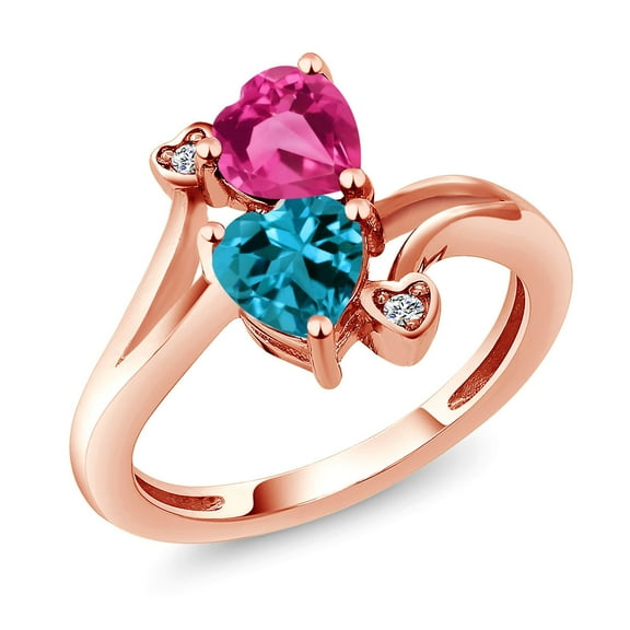 Gem Stone King 18K Rose Gold Plated Silver Pink Created Sapphire London Blue Topaz and White Lab Grown Diamond Ring for Women (1.78 Cttw, Heart Shape 6MM, Gemstone Birthstone, Size 9)