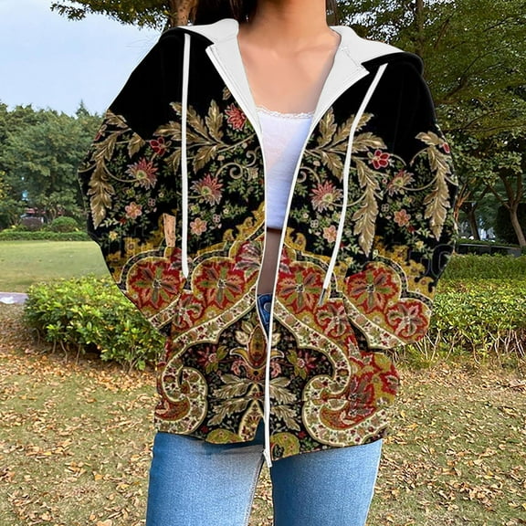 Elvqul Hoodies for Women Zipper Casual Sweatshirts Women Hooded Black Retro Fall Blouse