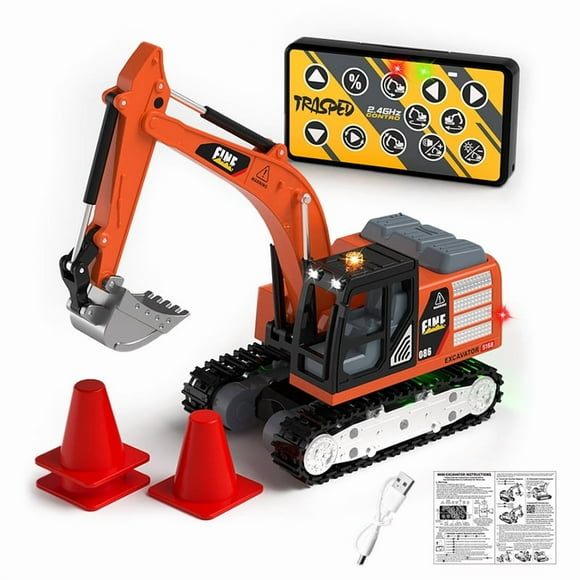 Mini RC Excavator Toys for Kids, 1/64 Scale Remote Control Construction Vehicles with Lights & Sound for Boys Girls Christmas Birthday Gifts-Orange