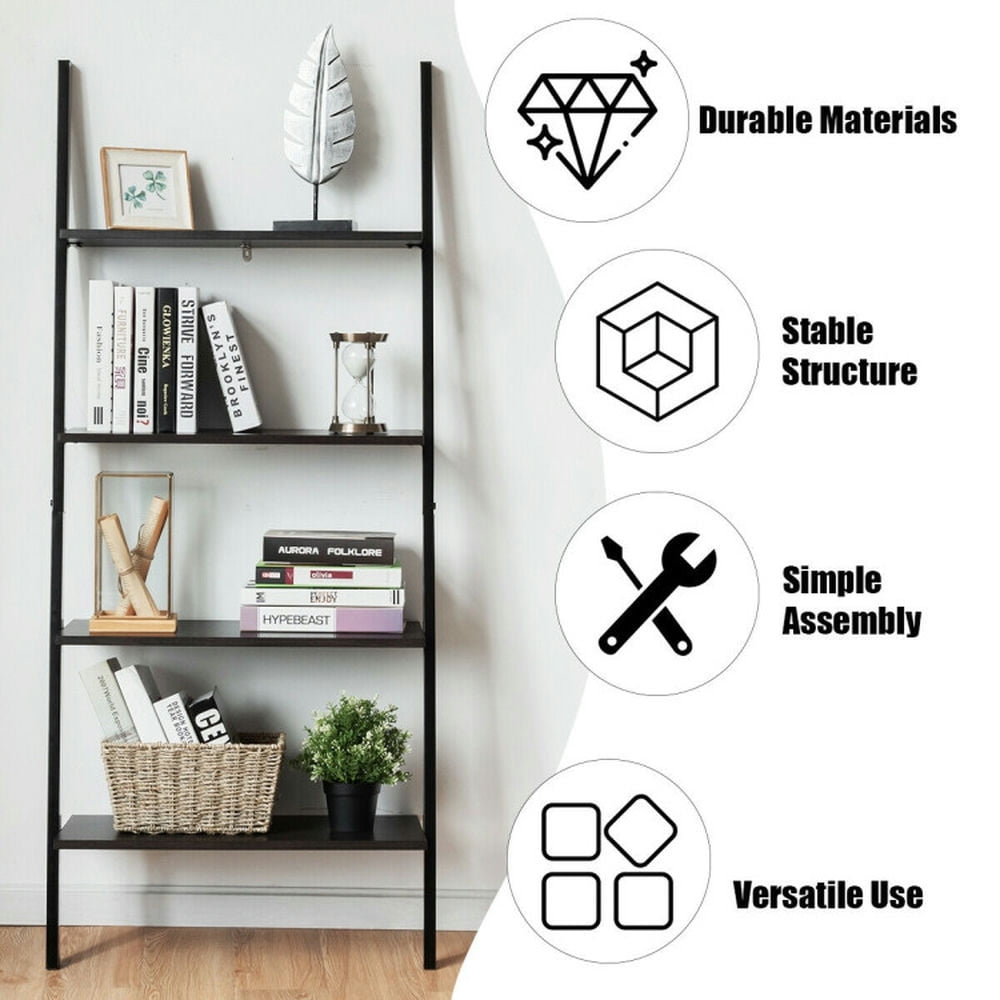Demi Bonn 4-Tier Industrial Leaning Wall Bookshelf, Display Rack for Plants and Books, Black