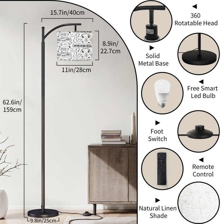 Modern Arc Floor Lamp With Musical Note Design – Adjustable Hanging Linen Shade, 60 Inch Height, Foot Switch