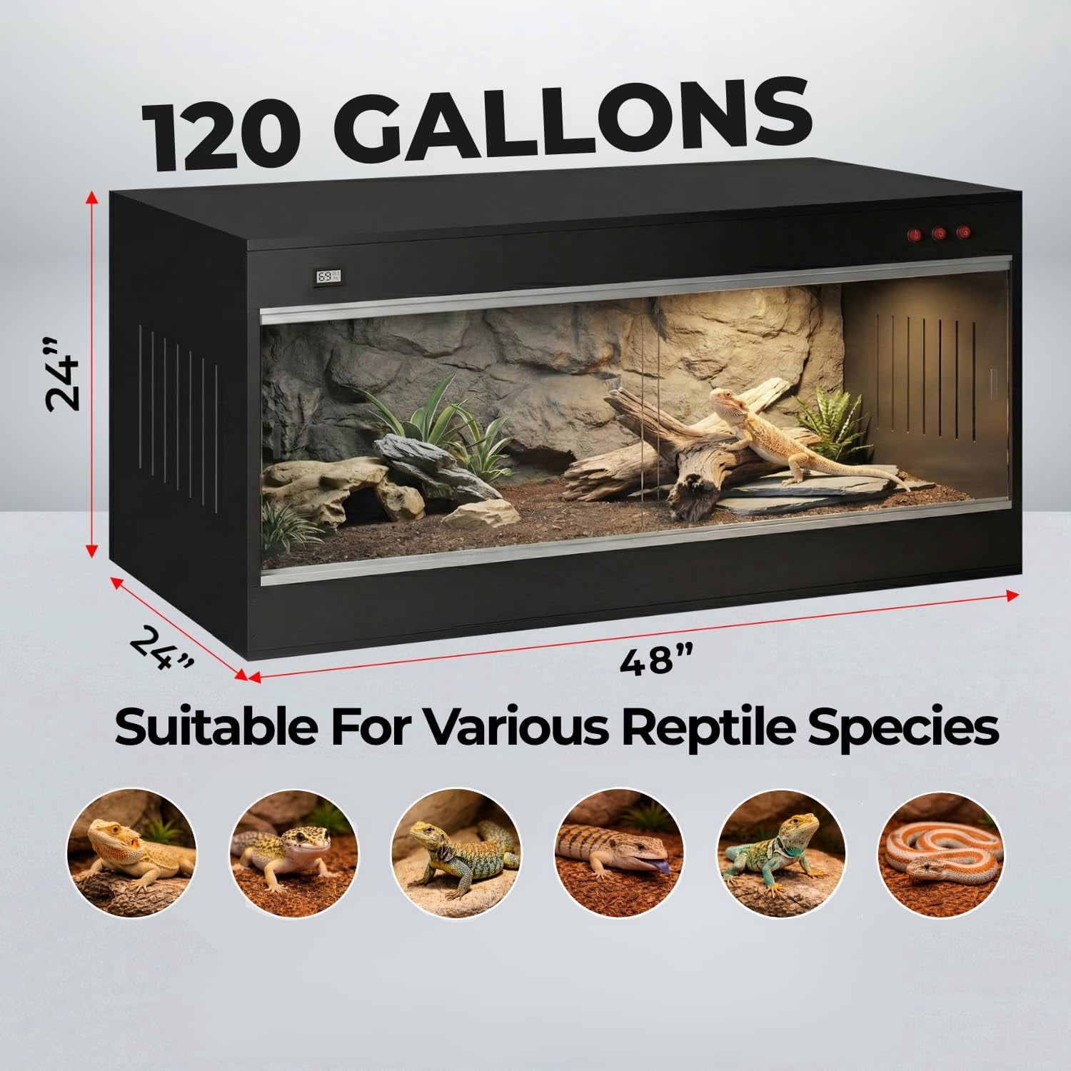 120 Gallon Bearded Dragon Tank - 4x2x2 ft Reptile Enclosure with Sliding Glass Doors and Ventilation 48x24x24 Inch Terrarium for Bearded Dragon, Leopard Gecko, Snakes, Lizards, Tortoise, and Reptiles