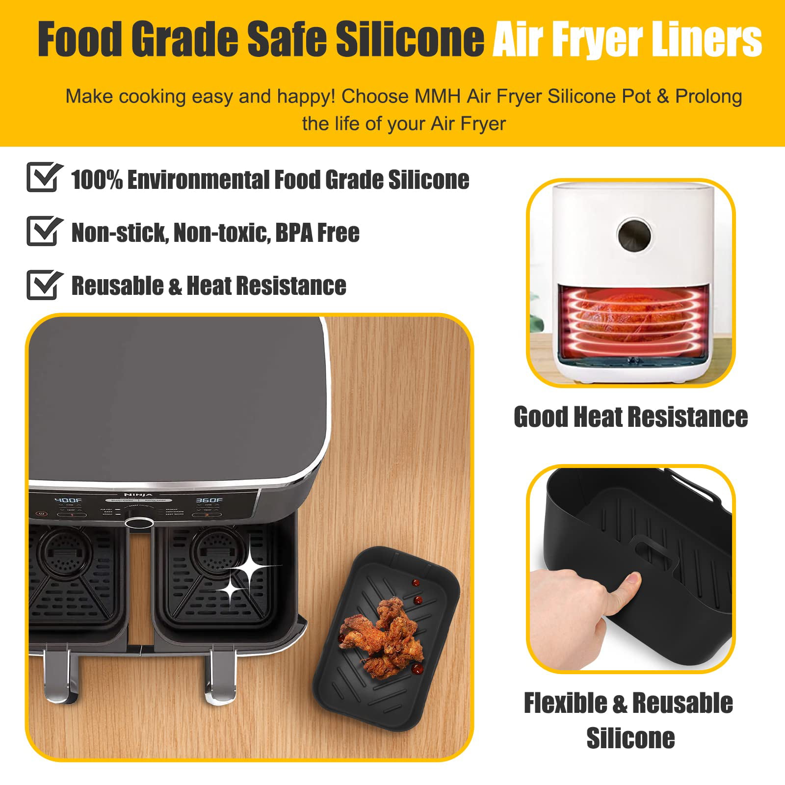 MMH 2Pcs Air Fryer Silicone Liners- Air Fryer Silicone Pot, Reusable  Silicone Airfryer Liner Replacement Baking Tray Basket Insert, Non-stick，  Easy