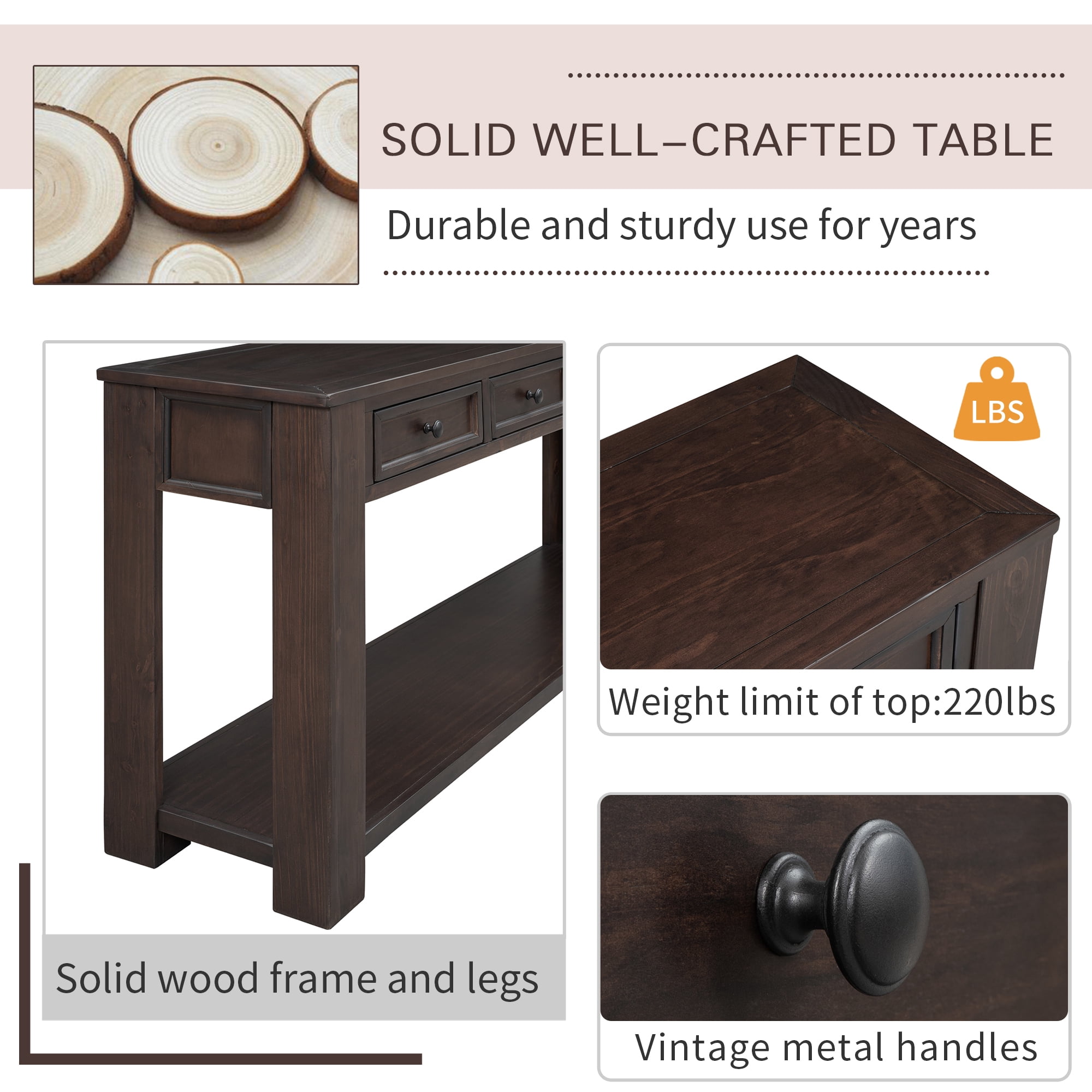 EUROCO 63" 4-Drawers Console Table with Long Bottom Shelf, Espresso