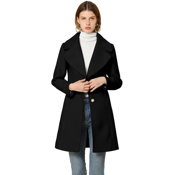 Abrigo De Botones Con Cuello Chal Con Muescas Para Mujer Abrigo De Invierno Largo De Un Solo Pecho Con Bolsillos Negro L