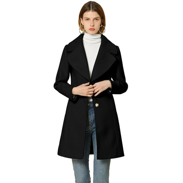 Abrigo De Botones Con Cuello Chal Con Muescas Para Mujer Abrigo De Invierno Largo De Un Solo Pecho Con Bolsillos Negro L