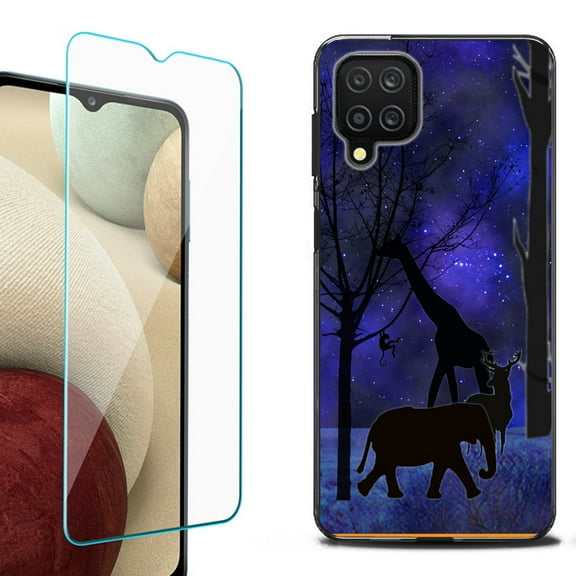 Slim-Fit Flexible TPU Gel Phone Case (black) for Samsung Galaxy A12, with Tempered Glass Screen Protector, by OneToughShield ® - Midnight Safari