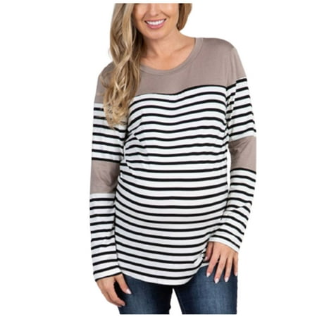 

asdoklhq Maternity Clothes for Women Clearance Maternity O-Neck Stripe Long Sleeve Breast-Feeding Pregnant Woman Nursing Blouse