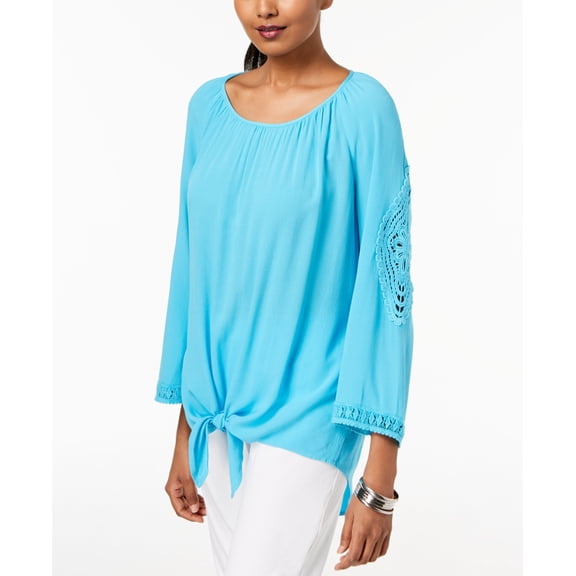 JM Collection Petite Crochet Trim Tie Front Top Reef Aqua PS