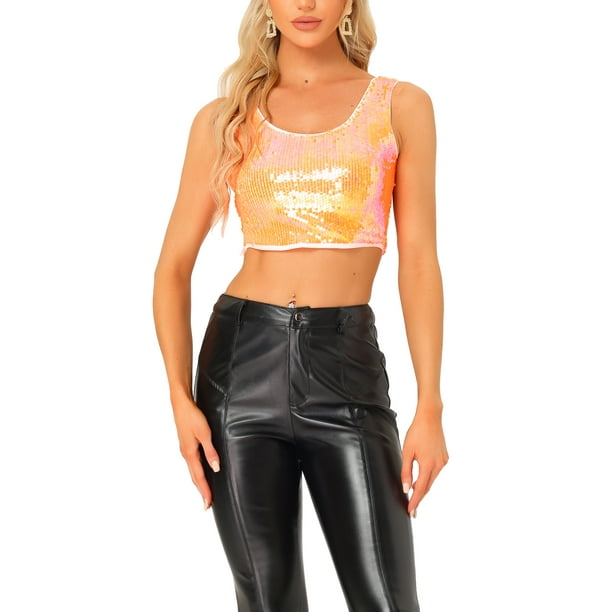 TOP CROP METÁLICO CON LENTEJUELAS INSPIRE CHIC PARA MUJERES, BRILLO Y SIN MANGAS, PARA FIESTAS Y CLUB, TALLA M NARANJA