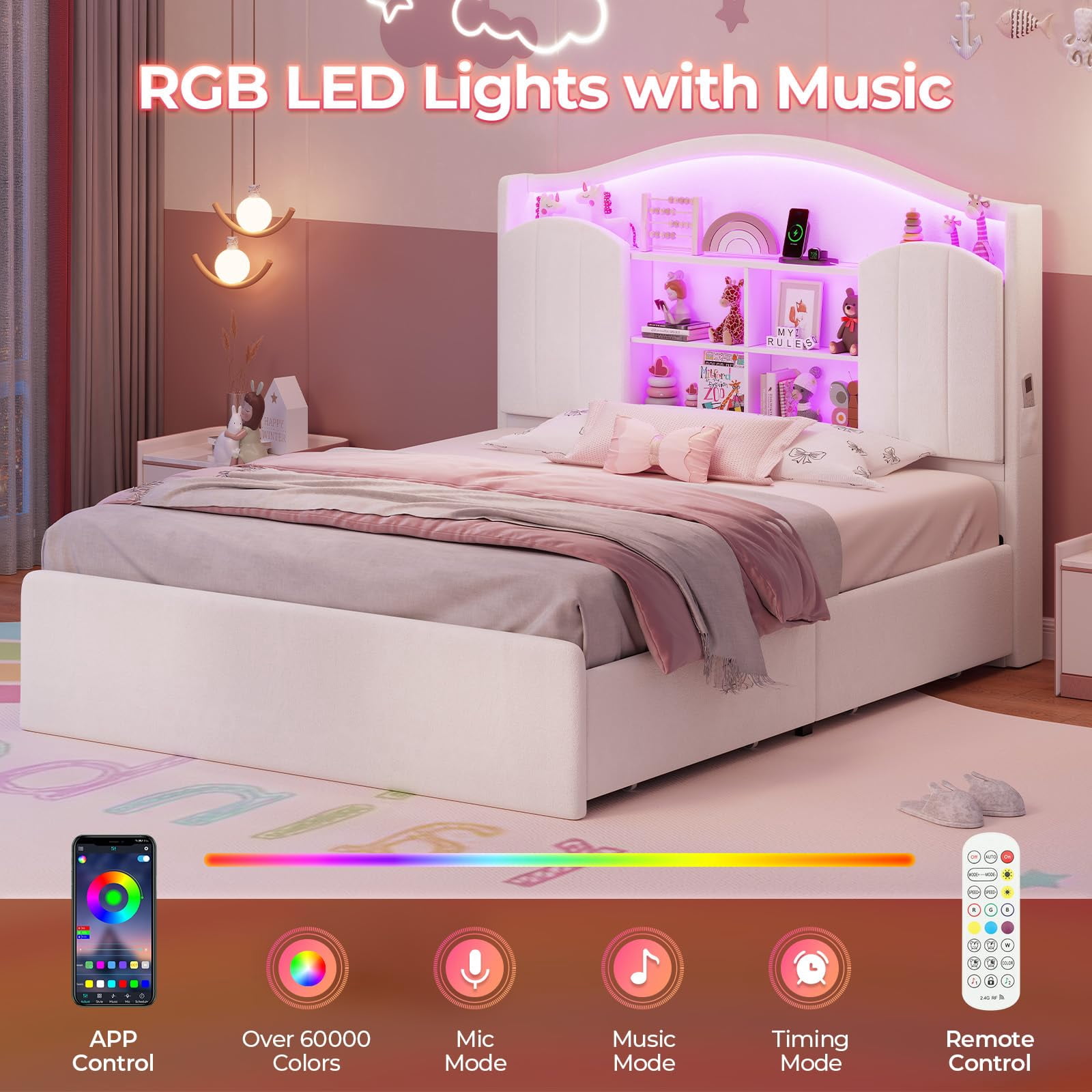 Afuhokles Velvet Upholstered Full Size Bed Frame with 4 Drawers and Hidden Storage Headboard, LED Lights and Charging Station,White