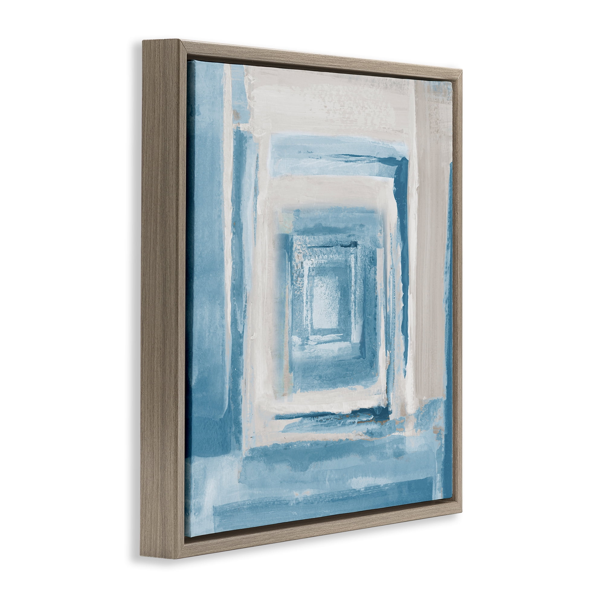 Stupell Industries Blue & Beige Squares Abstract Painting Brown Floater Framed Canvas Art Print Wall Art, 18 x 18