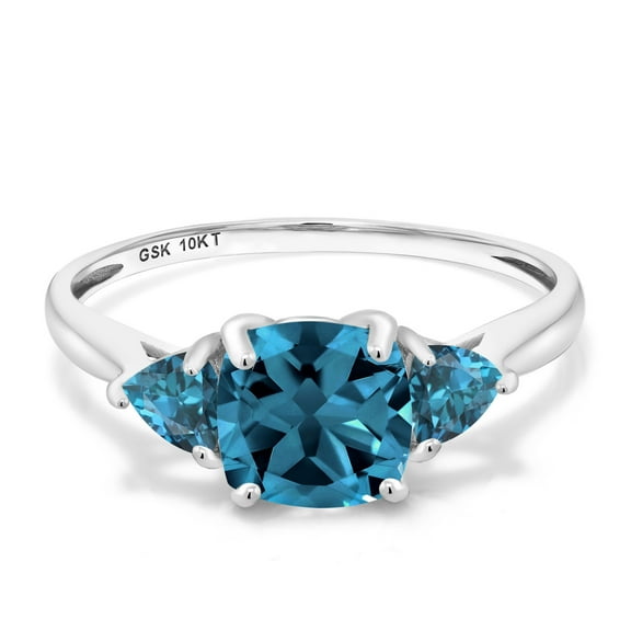 Gem Stone King 10K White Gold London Blue Topaz 3-Stone Engagement Ring | 2.39 Cttw | 7MM Cushion and 4MM Trillion | Three Stone Wedding Anniversary Promise Ring for Women (Size 6)