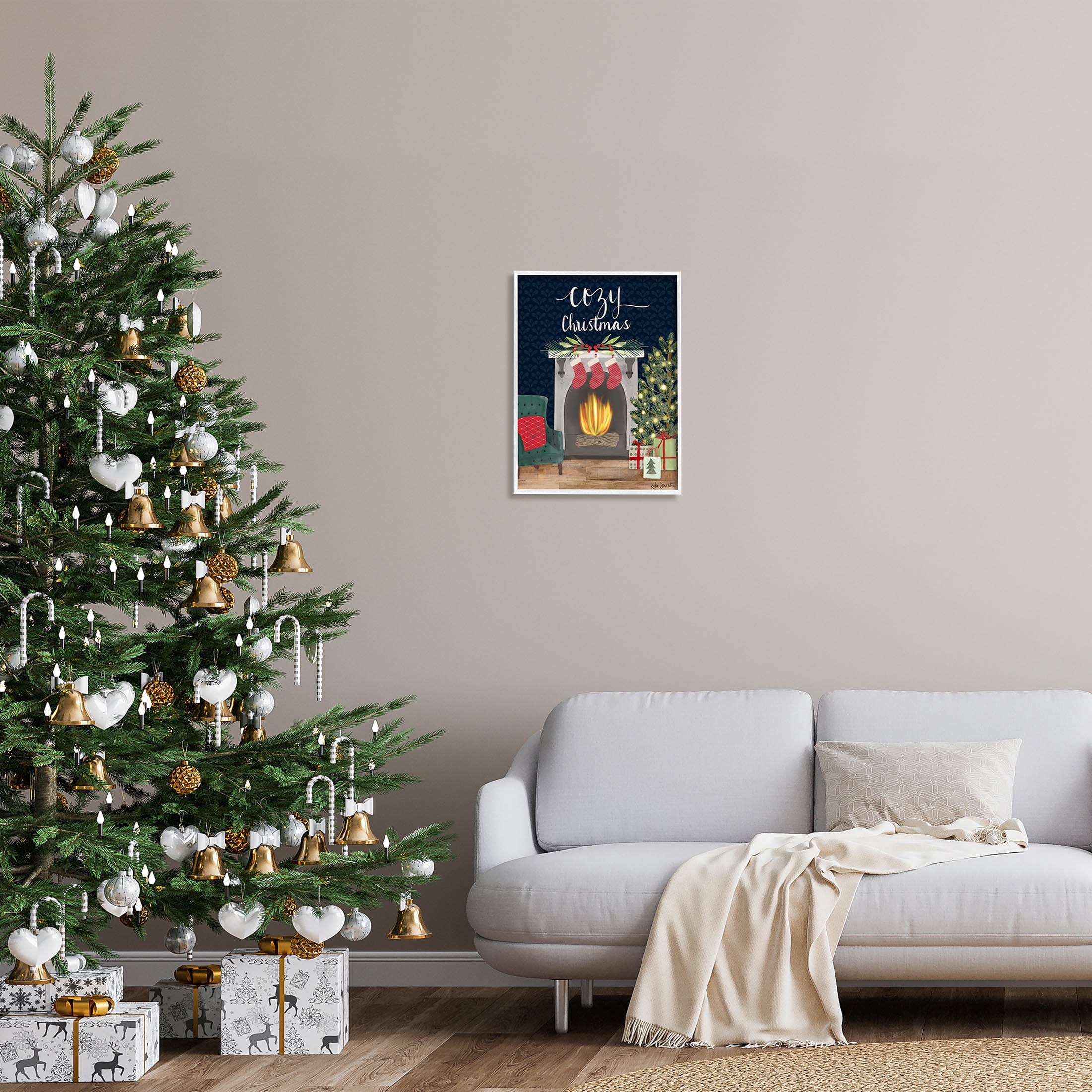 Stupell Industries Cozy Christmas Fireplace Mantle Graphic Art White Framed Art Print Wall Art, Design by Katie Doucette