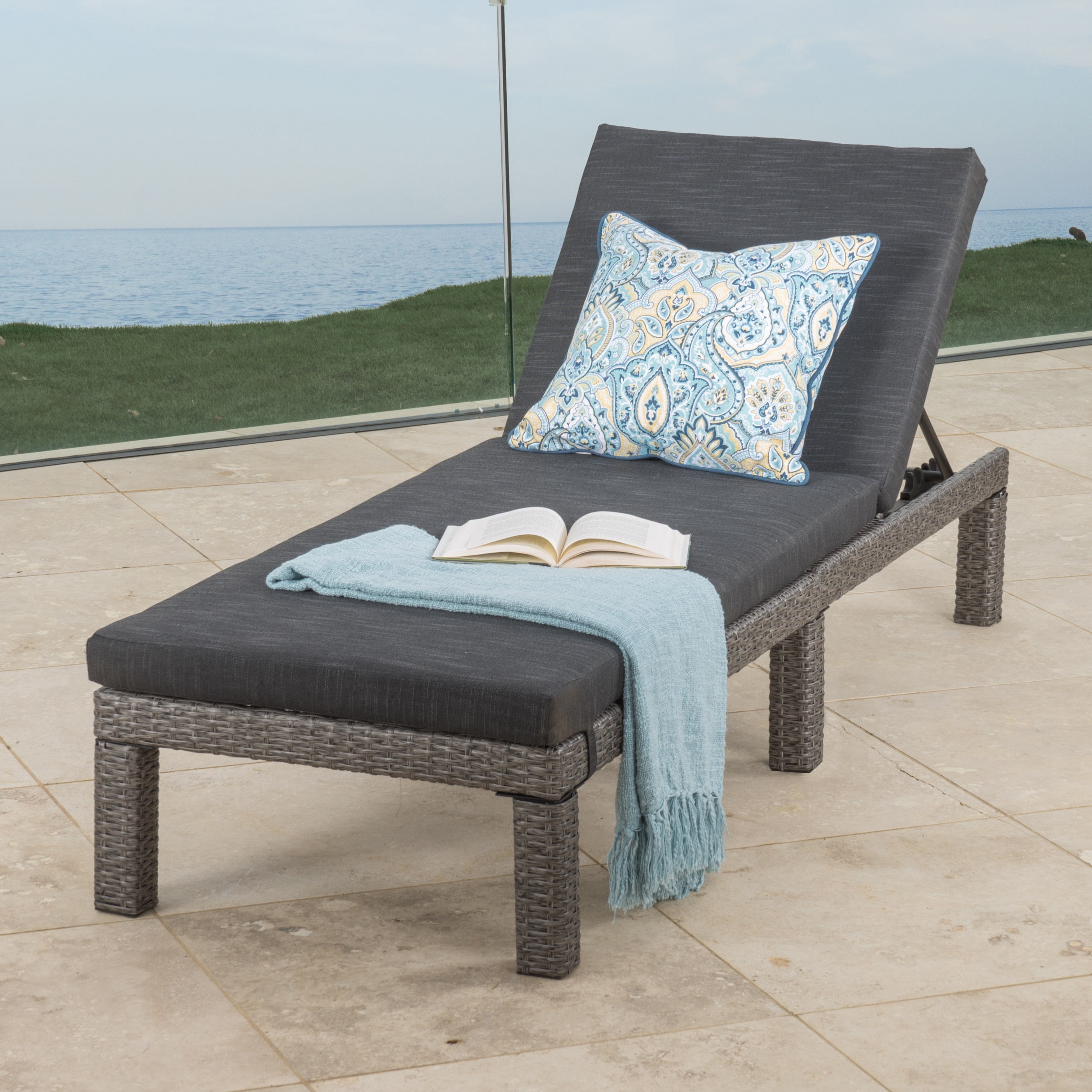 Outdoor Frame Chaise Lounge with Cushion for Patio Poolside, Black