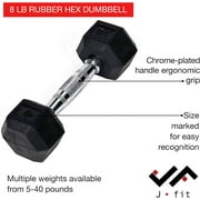 JFIT Rubber Hex Dumbbell - 15 Size, Single and Pair Options, 4-50lbs - Shaped Heads Prevent Rolling and Injury - Ergonomic Hand Weights for Exercise, Therapy, Muscle, Strength and Weight Training