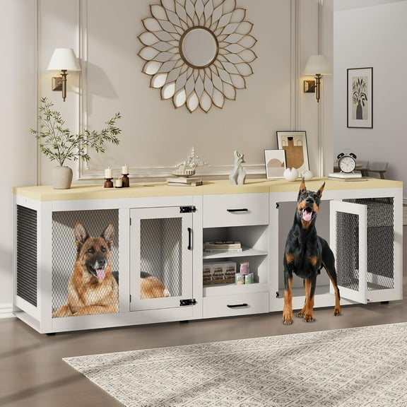 Extra Large Dog Crate Furniture, 90 Inch Wooden Dog Kennel Furniture for 2 Dogs, Furniture Style Dog Crate with 4 Bowls Heavy Duty Indoor Double Dog Crate with Feeding Drawer & Storage Shelves