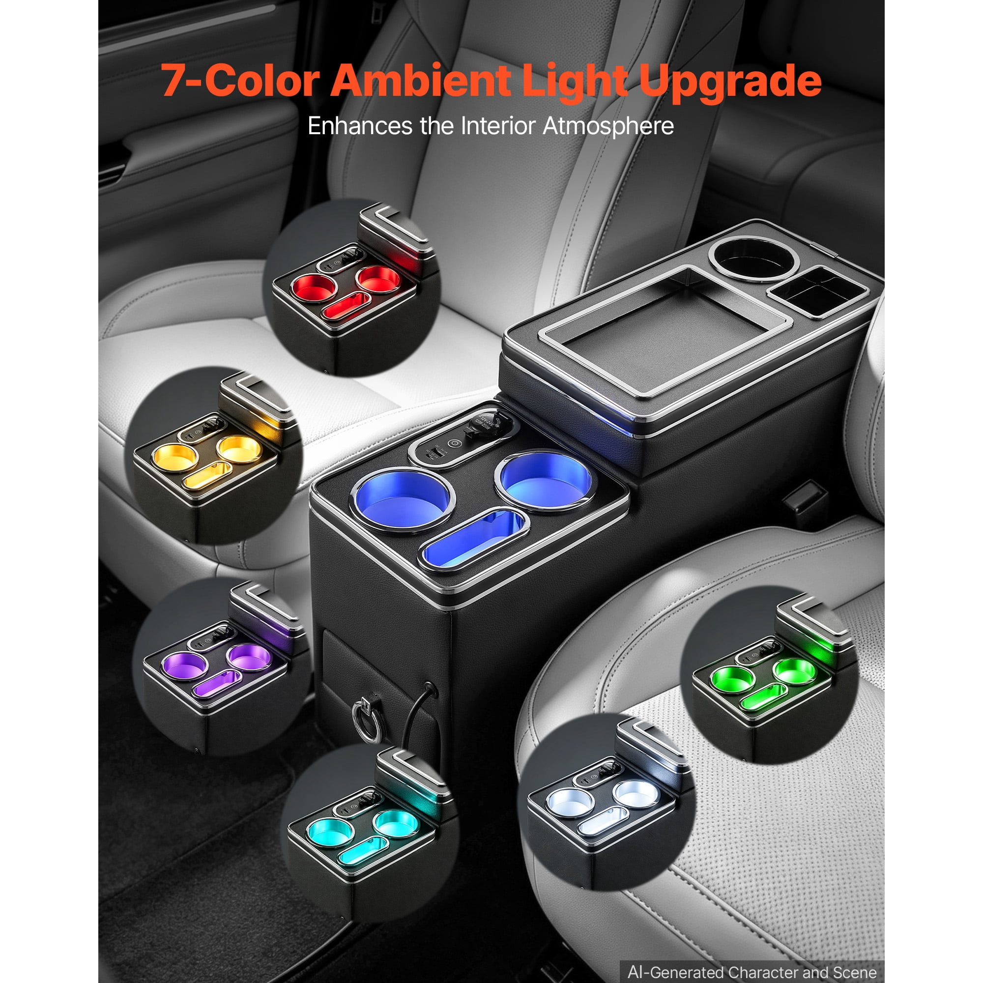 KFFKFF Center Console Storage Box with 7-Color Ambient Lighting, USB/Type-C/Cigarette Lighter Ports, Floor Organizer with Cup and Phone Holders for Trucks, SUVs, and Minivans