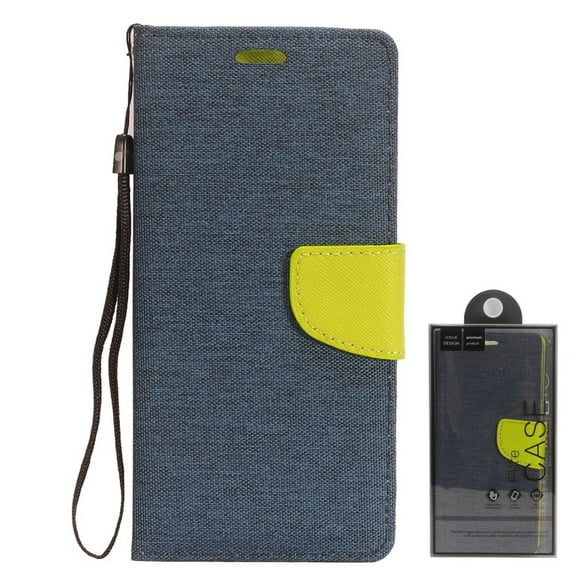 For Apple iPhone 12 Pro Max (6.7 in) Case, by Insten Stand Denim Fabric with Card Slot Case Cover compatible Apple iPhone 12 Pro Max (6.7 in), Blue/Green