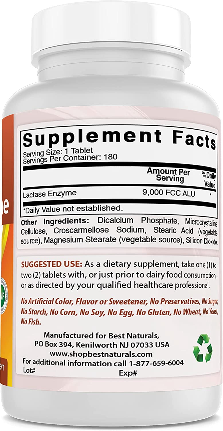 (2 pack) Best Naturals Lactase Enzyme 9000 FCC ALU  180 Tablets, Fast Acting Relief