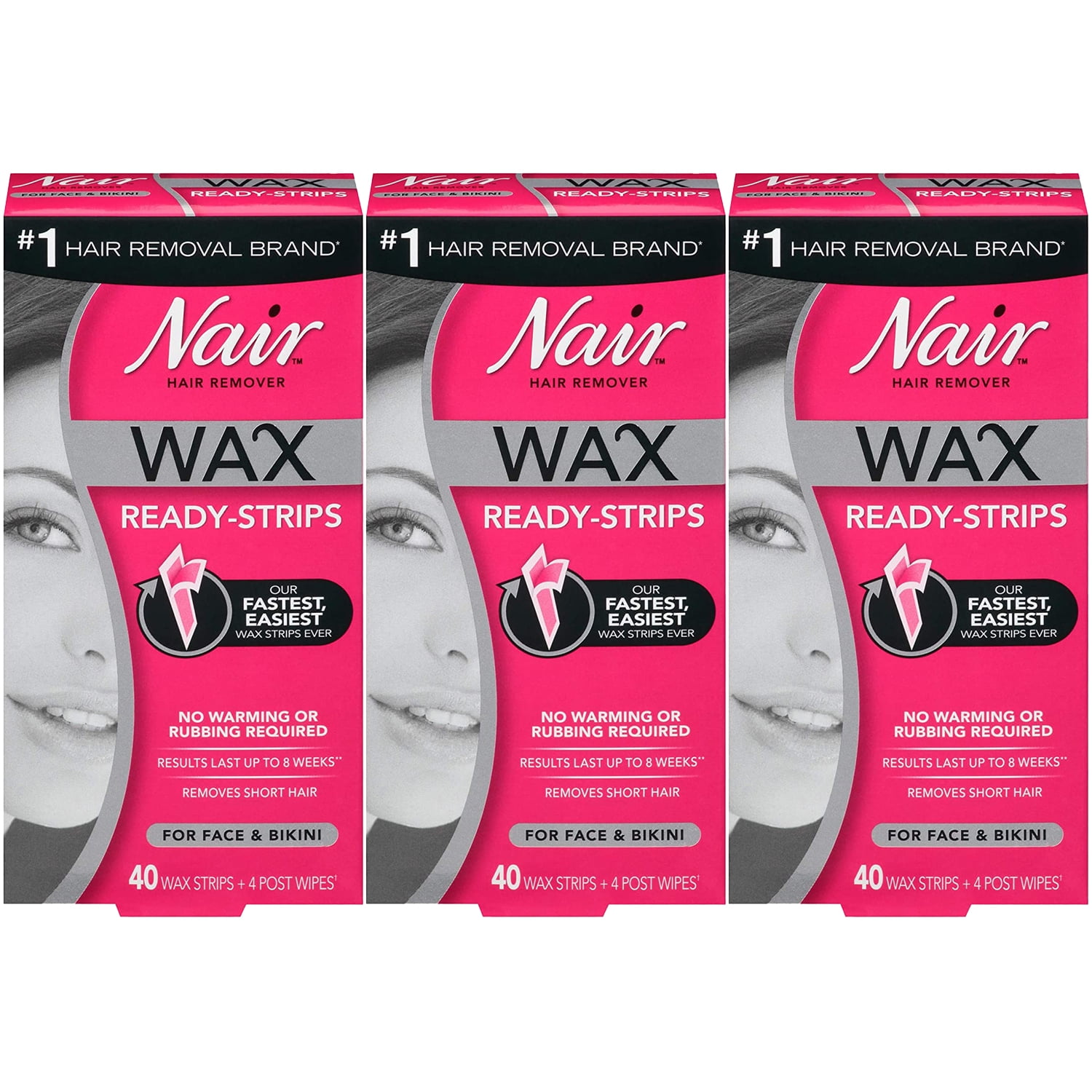 Pack of (3) Nair Hair Remover Wax Ready Strips, Face and Bikini Hair