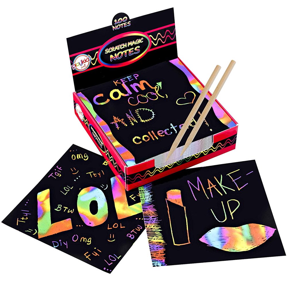 Scratch Off Magic Art Rainbow Mini Notes (100ct) & [2] Stylus, for Kids & Adults 100 Black Paper