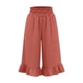 thumbnail image 6 of iHPH7 Women's Linen Blend High Waist Wide Leg Capris Ruffle Pedal Pushers with Pockets Smocked Elastic Cropped Pants Summer Casual Beach Lounge Trousers Watermelon Red 3XL, 6 of 6