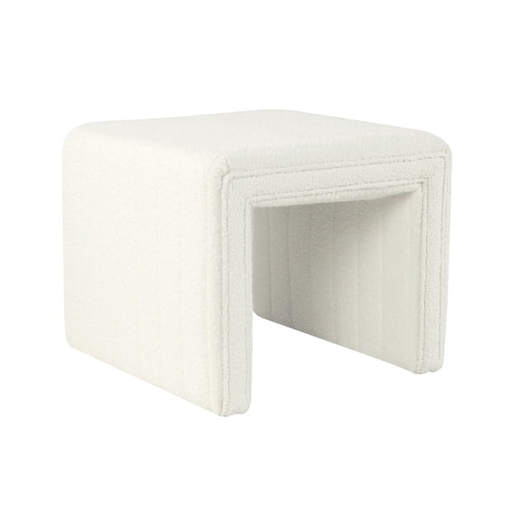Benjara Ada Footstool Ottoman- Channel Tufted Cream White Boucle- 19 Inch