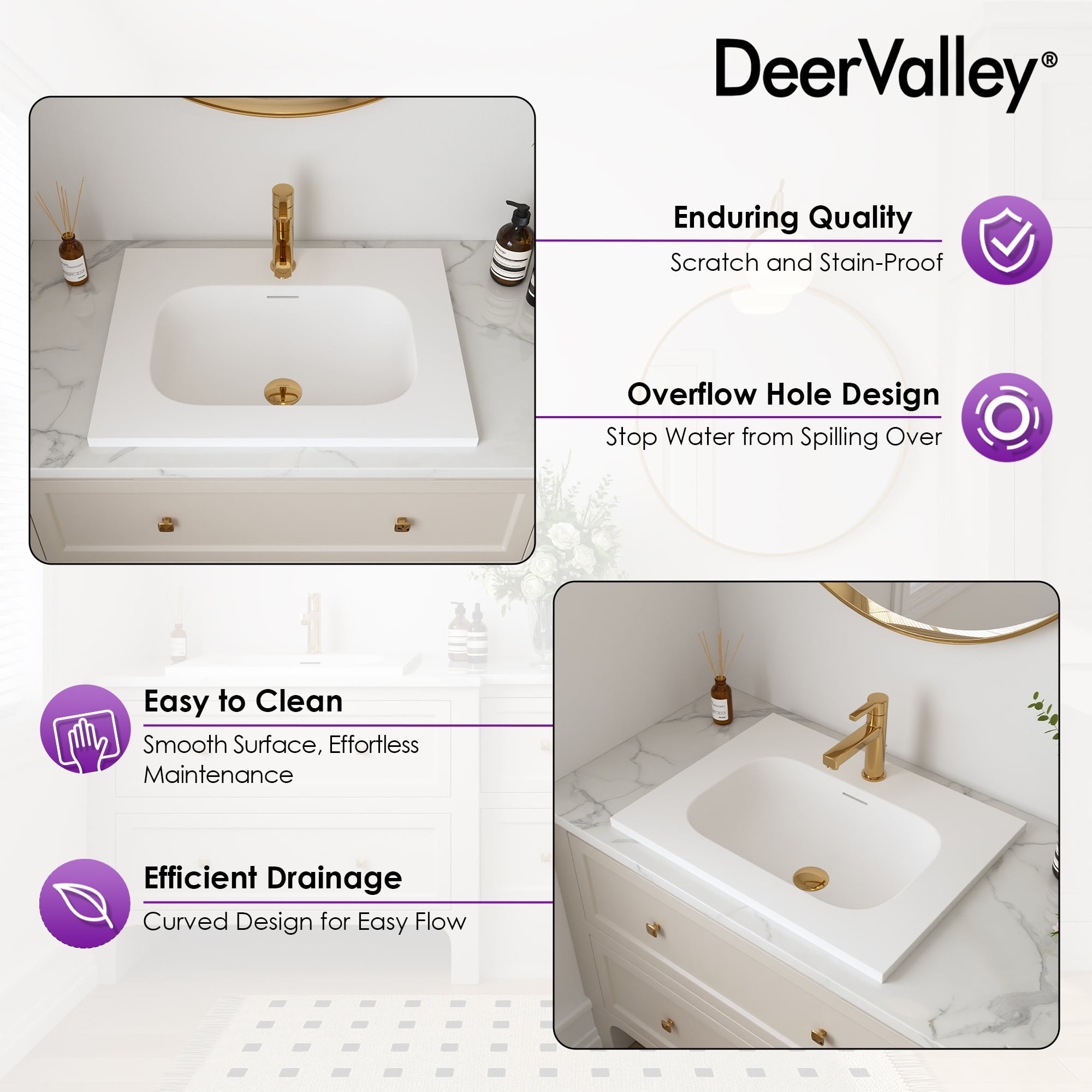 Sleek 24 in. x 18 in. Drop-In Bathroom Sink In White Acrylic with Overflow and Single Faucet Hole