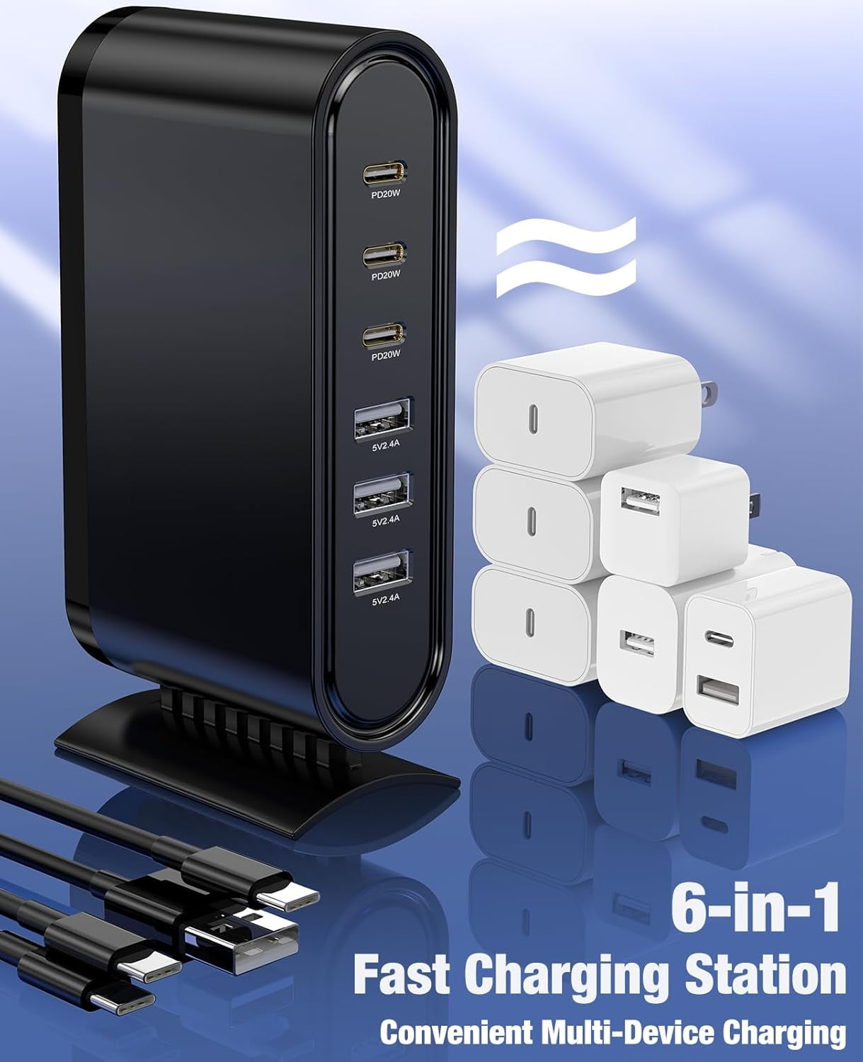 96W Charging Station for Multiple Devices,6 Port Multi Charger Station,USB C Fast Charging Hub Organizer Multiport Compatible with iPhone 17 16 15 Pro Max, Samsung, Android, iPad, (Black)