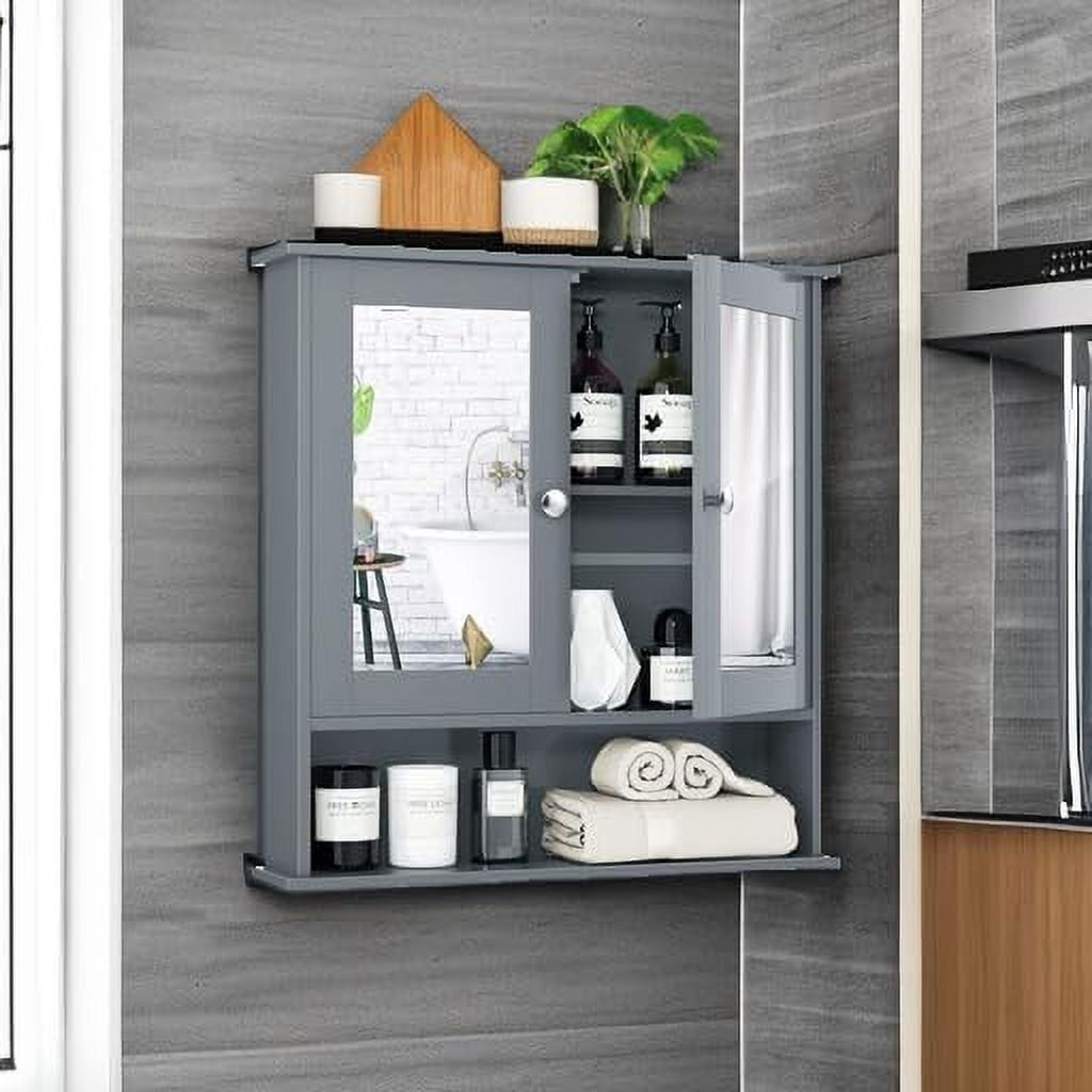 Bathroom Medicine Cabinet with Mirror, Wall Mounted Wooden Hanging Organizer with Doors and Shelves, Bathroom Wall Mirror Cabinet