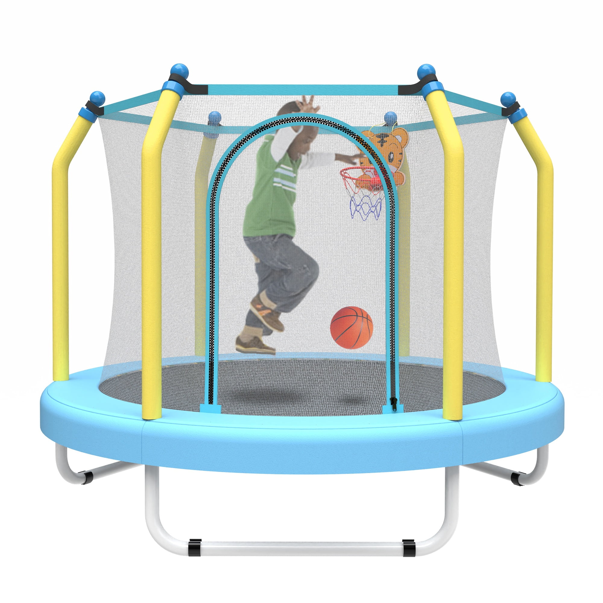 55" Toddler Trampoline with Enclosure Net, SHINPT Child's Mini Trampoline with Basketball Hoop, Round Recreational Tranpolines for Birthday Gifts, Kids Trampoline for Aged 3-6, Indoor & Outdoor