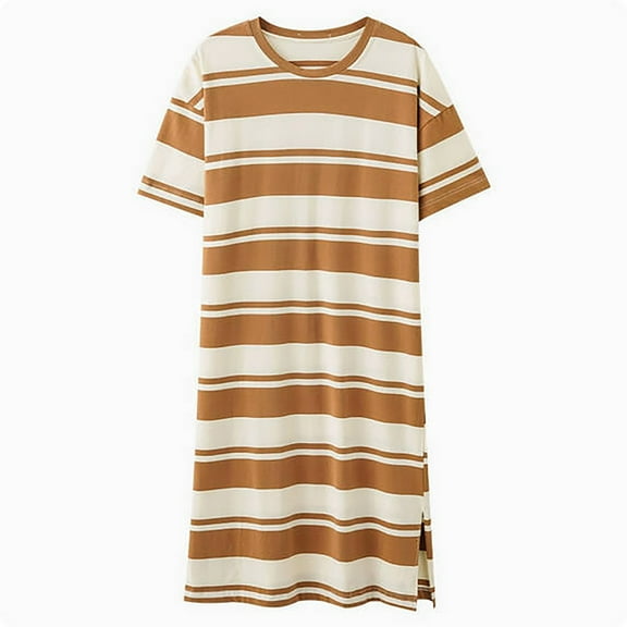 Tnhcen Women's Summer Cotton Nightgown Striped Sleepwear Knee-Length Nightdress Breathable Home Dress Loose Fit Pajamas M-2XL Yellow