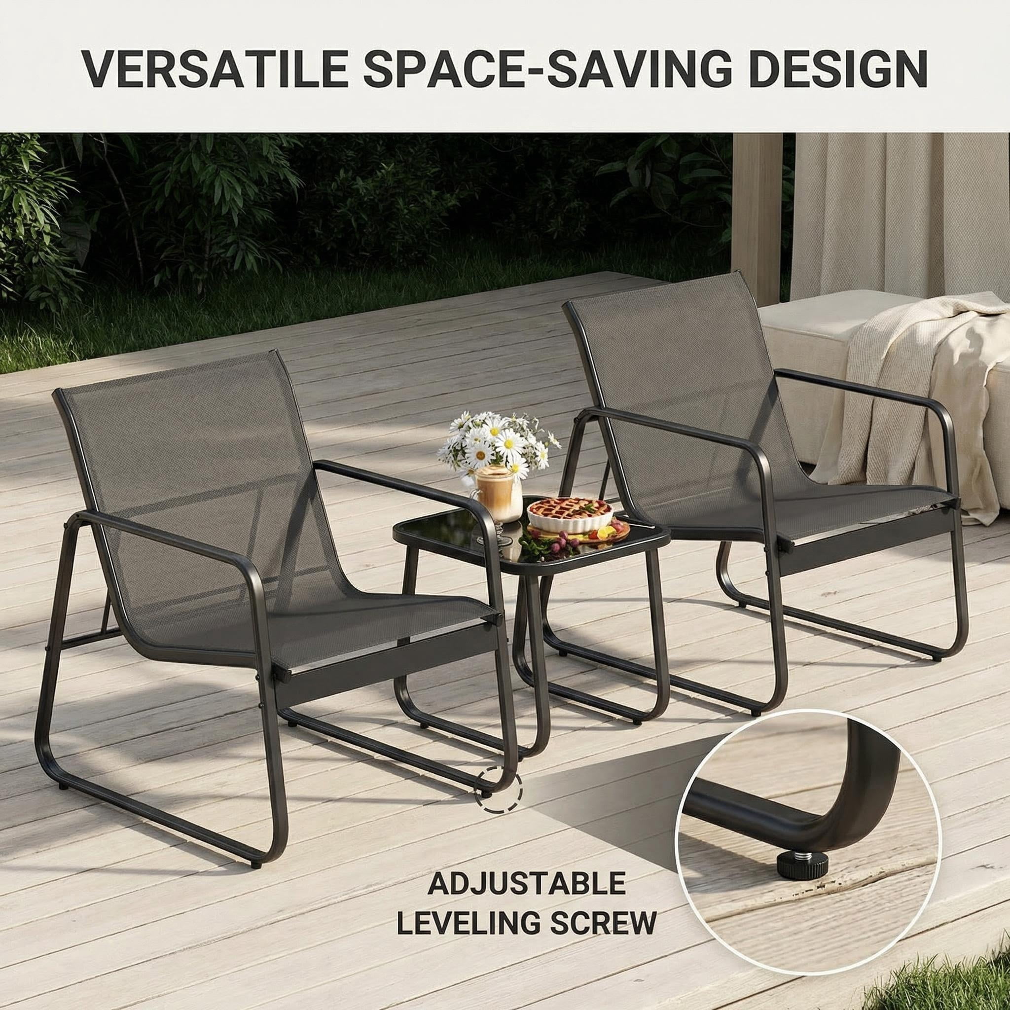 Lofka 3-Piece Patio Furniture Set with Coffee Table for Garden| Balcony| Bistro, Textilene,Black