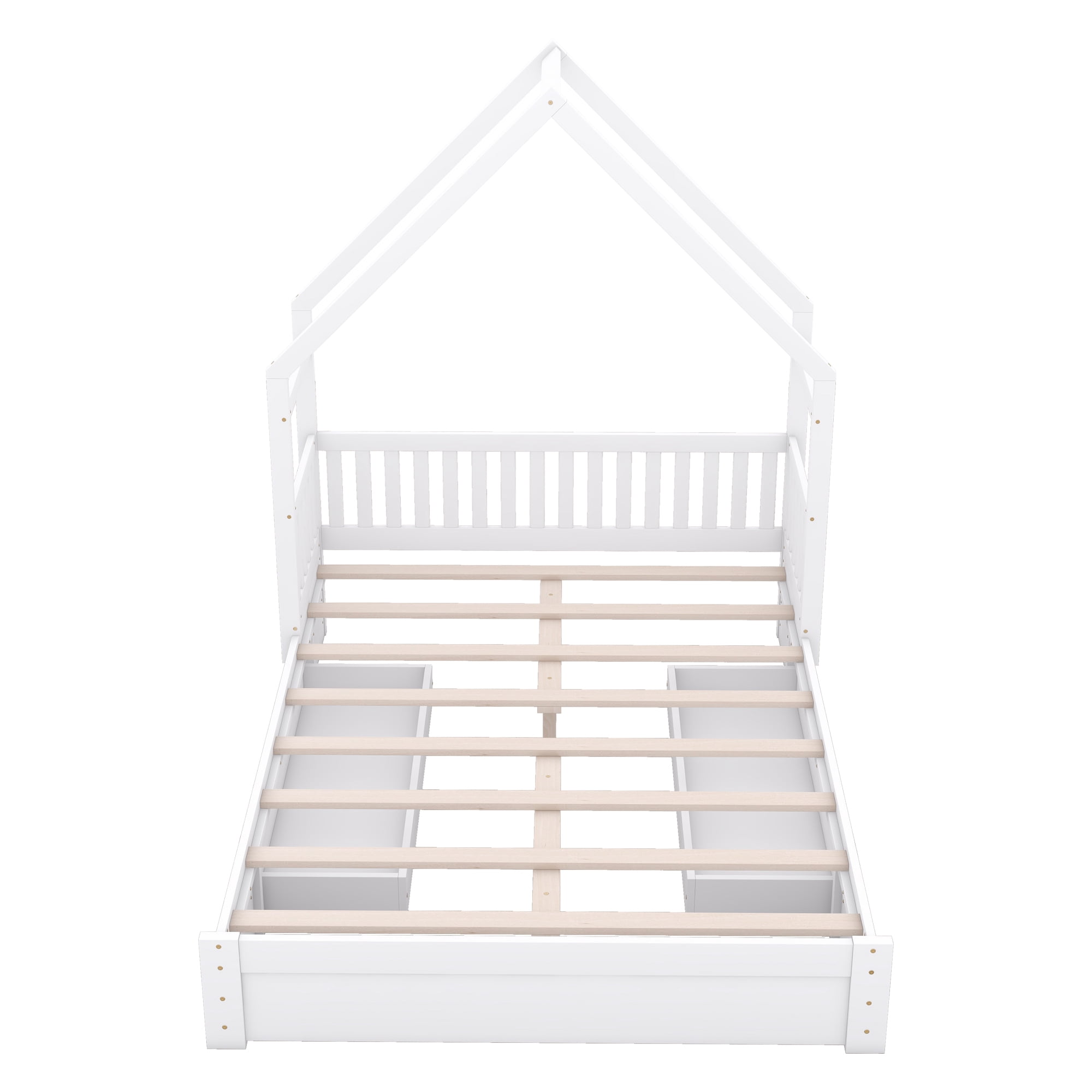 Euroco Wood Queen Bed, House Platform Bed with 2 Storage Drawers for Adults, White