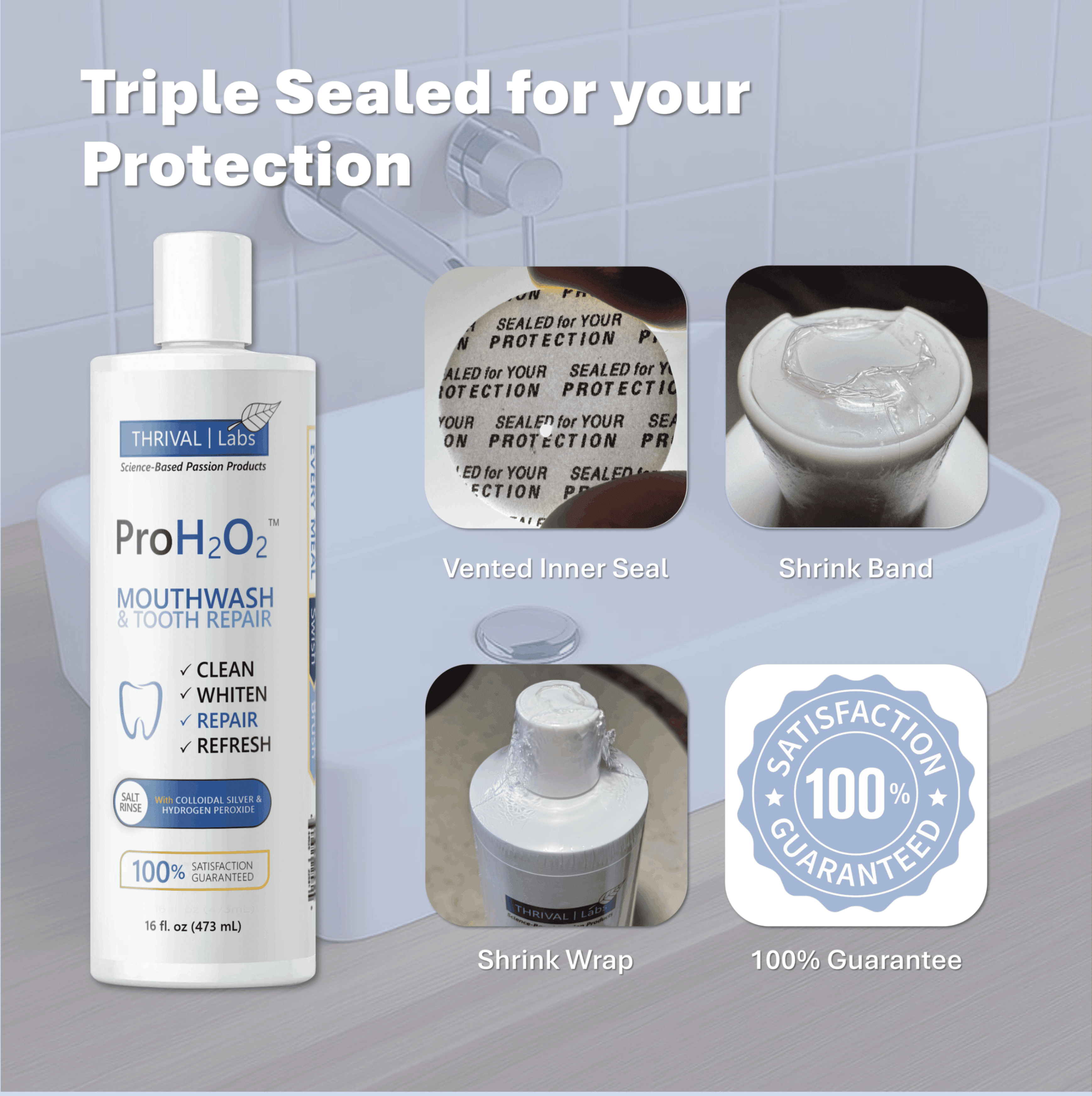 ProH2O2 Natural Mouthwash, Salt Swish, & Tooth Repair by Thrival Labs, Press Top Dispensing, Family 4-Pack